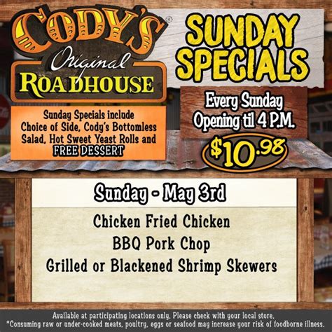 cody's roadhouse menu sunday specials.